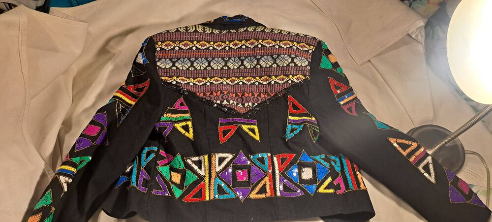 Vintage 80s MODI Sequin Beaded Jacket Size 8-10 Black Multicolor Geometric Cropp - Picture 5 of 8